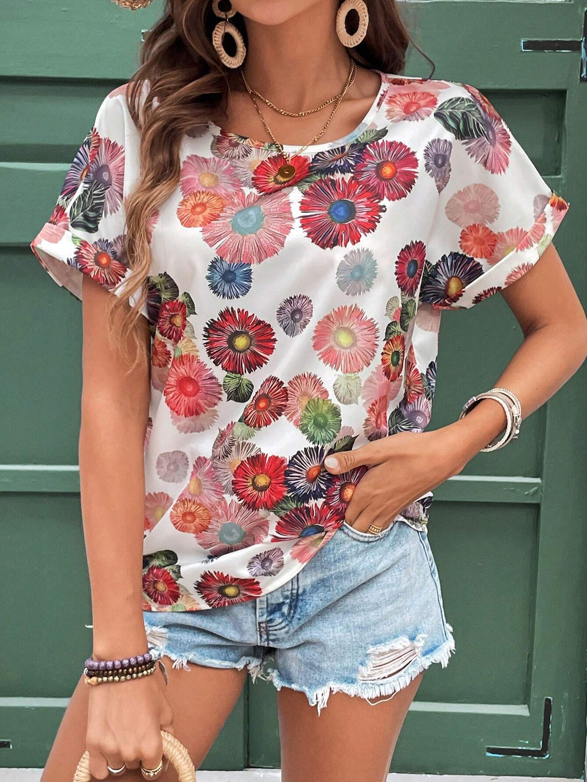 LUNE Floral Print Batwing Sleeve Blouse For Summer Vacation