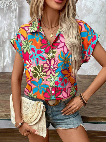 LUNE Floral Print Batwing Sleeve Shirt With Collar For Vacation And Leisure
