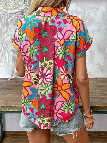 LUNE Floral Print Batwing Sleeve Shirt With Collar For Vacation And Leisure