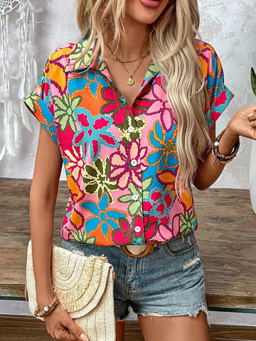 LUNE Floral Print Batwing Sleeve Shirt With Collar For Vacation And Leisure
