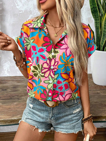 LUNE Floral Print Batwing Sleeve Shirt With Collar For Vacation And Leisure