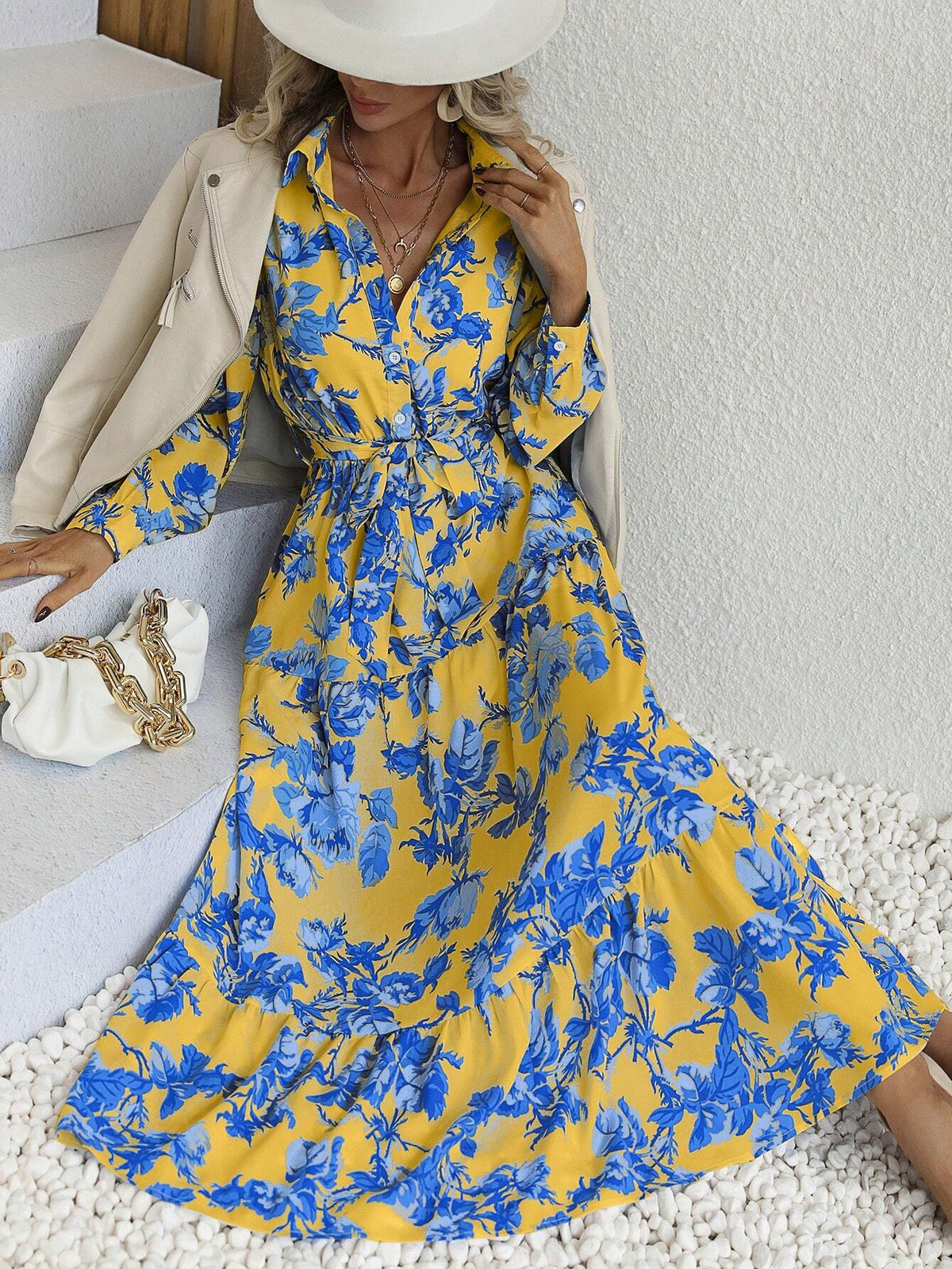 Floral Print Button-Down Half Placket Long Sleeve Dress