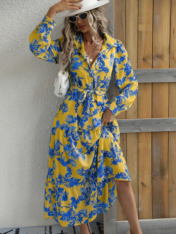 Floral Print Button-Down Half Placket Long Sleeve Dress