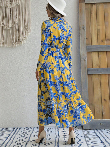 Floral Print Button-Down Half Placket Long Sleeve Dress
