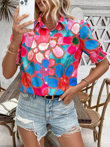 LUNE Floral Print Button-Up Casual Shirt