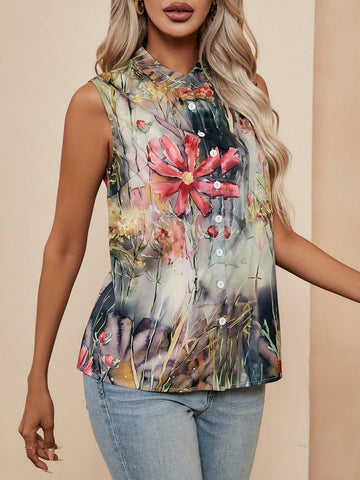 Floral Print Button Front Sleeveless Blouse