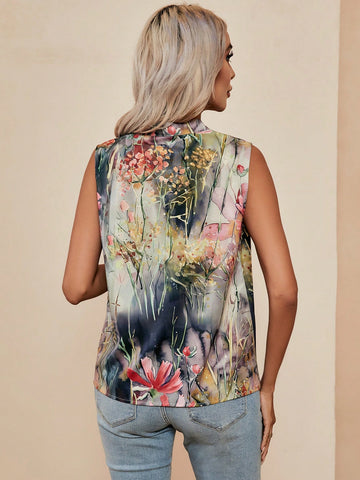 Floral Print Button Front Sleeveless Blouse