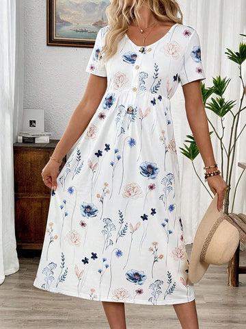 Floral Print Button Front Smock Dress For Summer Vacation