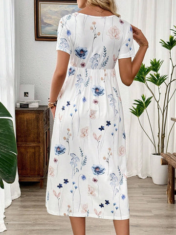 Floral Print Button Front Smock Dress For Summer Vacation