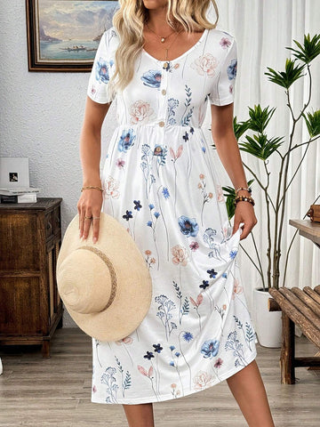 Floral Print Button Front Smock Dress For Summer Vacation