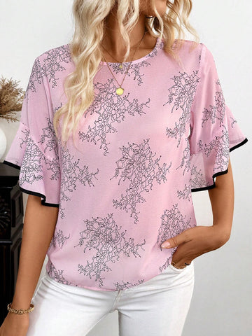 LUNE Floral Print Contrast Binding Flounce Sleeve Blouse