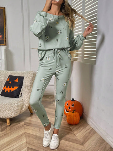 Floral Print Drop Shoulder Sweatshirt & Drawstring Waist Leggings