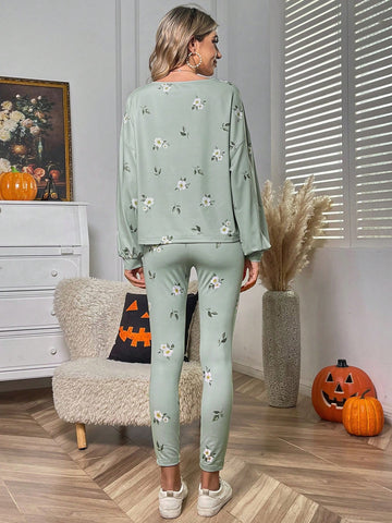 Floral Print Drop Shoulder Sweatshirt & Drawstring Waist Leggings