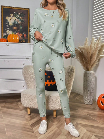 Floral Print Drop Shoulder Sweatshirt & Drawstring Waist Leggings