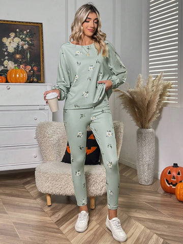 Floral Print Drop Shoulder Sweatshirt & Drawstring Waist Leggings