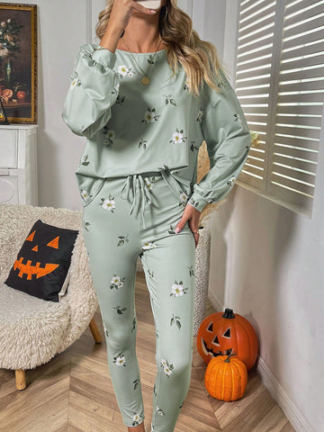 Floral Print Drop Shoulder Sweatshirt & Drawstring Waist Leggings