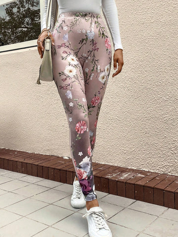 LUNE Floral Print Elastic Waist Leggings