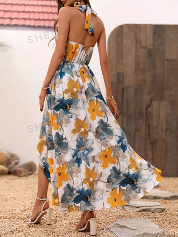 Floral Print Halterneck One Piece Romper For Women