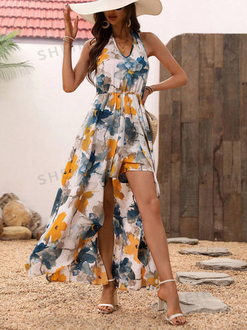 Floral Print Halterneck One Piece Romper For Women