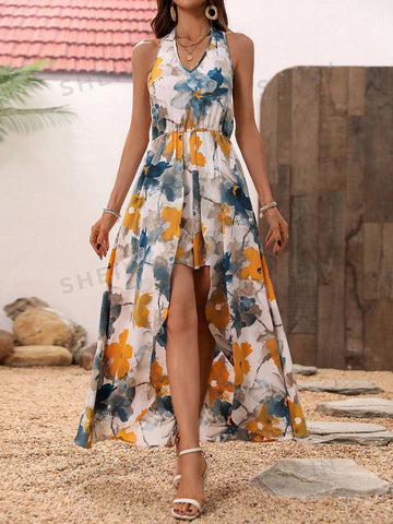 Floral Print Halterneck One Piece Romper For Women