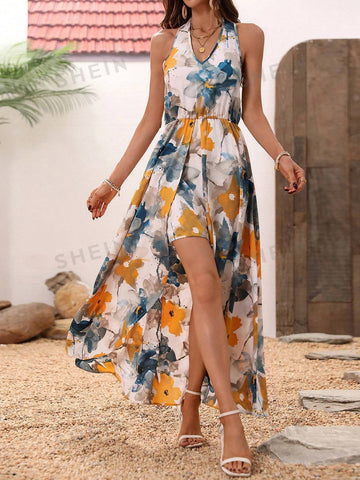 Floral Print Halterneck One Piece Romper For Women