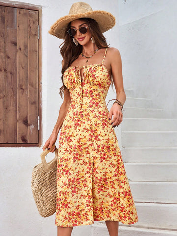 Floral Print High-Leg Slit Spaghetti Strap Dress