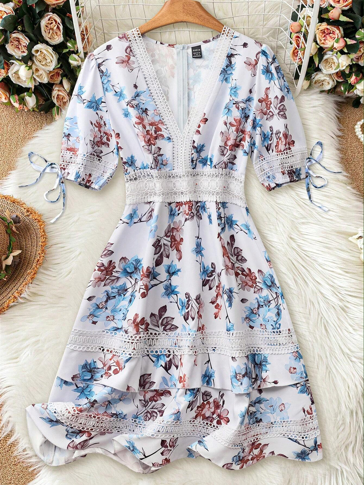 Floral Print Lace Patchwork Short Sleeve Holiday Elegant Dress For Women