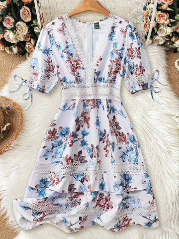 Floral Print Lace Patchwork Short Sleeve Holiday Elegant Dress For Women