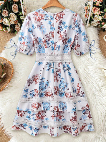 Floral Print Lace Patchwork Short Sleeve Holiday Elegant Dress For Women