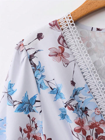 Floral Print Lace Patchwork Short Sleeve Holiday Elegant Dress For Women