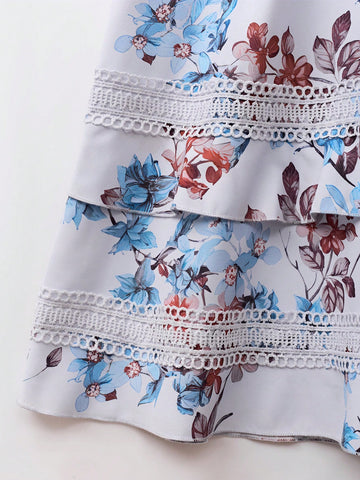 Floral Print Lace Patchwork Short Sleeve Holiday Elegant Dress For Women