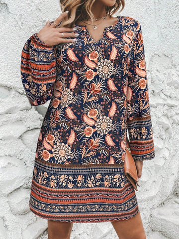 Floral Print Mini Casual Dress, Minimalist And Fashionable For Daily Wear