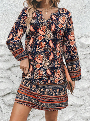 Floral Print Mini Casual Dress, Minimalist And Fashionable For Daily Wear