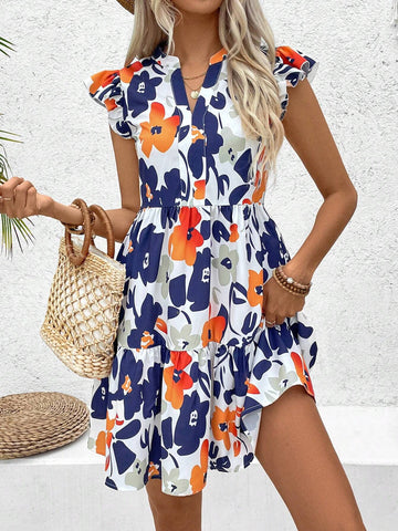 Floral Print Notched-Neck Mini Flutter Sleeve Dress