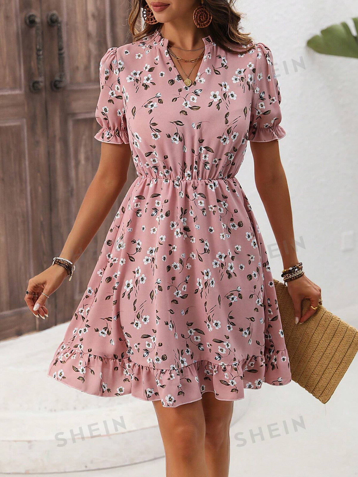 Floral Print Notched Collar Dress With Ruffle Hem