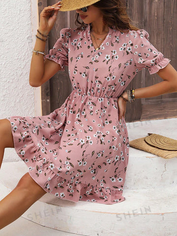 Floral Print Notched Collar Dress With Ruffle Hem