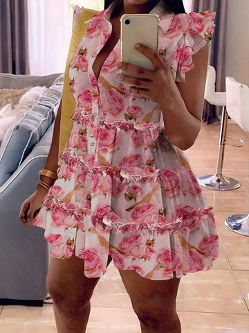 Floral Print Pleated Dress With Lace Trim For Women
