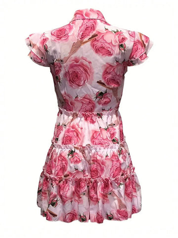 Floral Print Pleated Dress With Lace Trim For Women