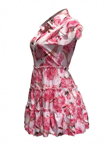 Floral Print Pleated Dress With Lace Trim For Women