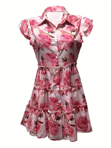 Floral Print Pleated Dress With Lace Trim For Women