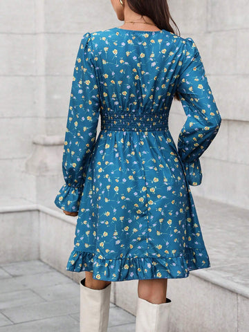 Floral Print Shirred Lace Panel Long Sleeve Dress