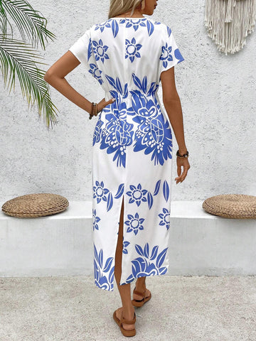Floral Printed Pleated Waist A-Line Dress