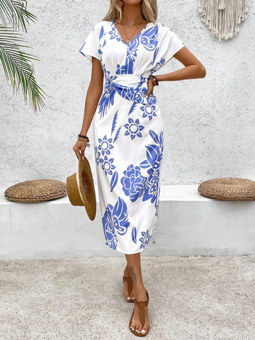 Floral Printed Pleated Waist A-Line Dress
