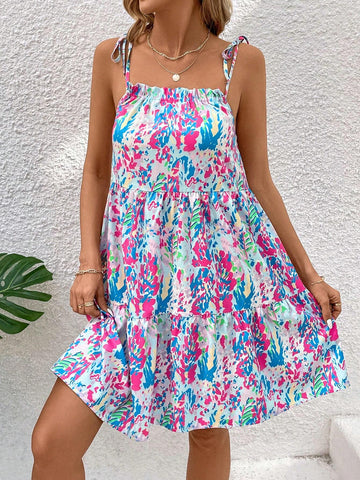 Floral Printed Ruffle Hem Spaghetti Strap Dress