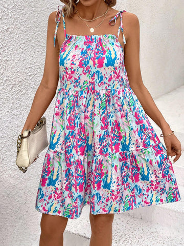 Floral Printed Ruffle Hem Spaghetti Strap Dress