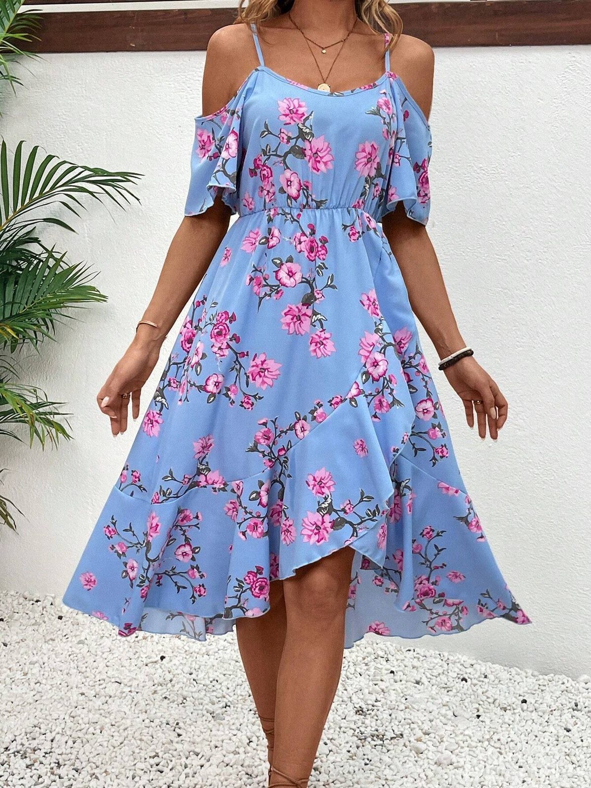 Floral Printed Spaghetti Strap Off Shoulder Dress For Summer