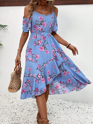 Floral Printed Spaghetti Strap Off Shoulder Dress For Summer