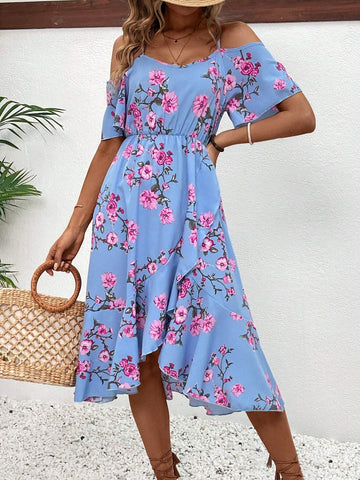 Floral Printed Spaghetti Strap Off Shoulder Dress For Summer