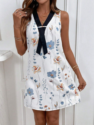 Floral Printed V-Neck Colorblock Trim Sleeveless Women's Dress