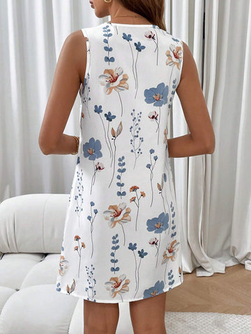 Floral Printed V-Neck Colorblock Trim Sleeveless Women's Dress